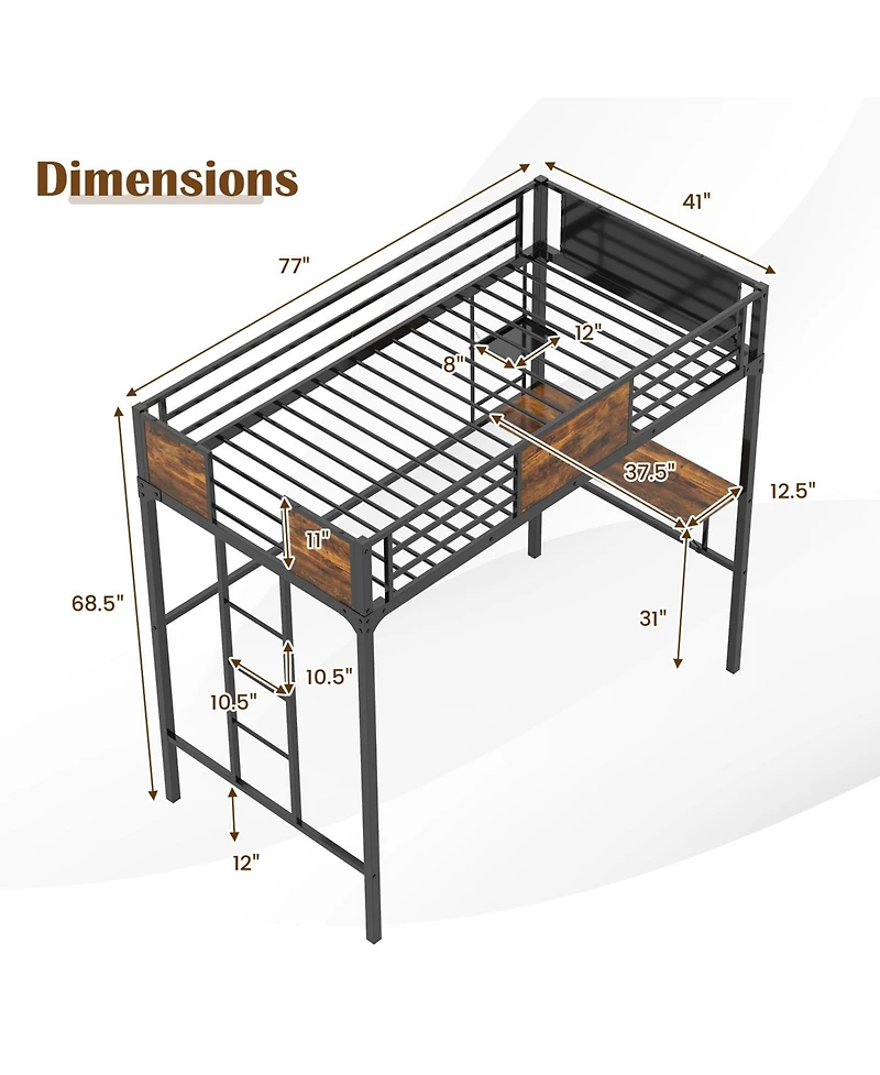 Gouun Twin Size Industrial Metal Loft Bed with Desk Storage Shelf and Build-in Ladder