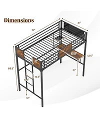 Gouun Twin Size Industrial Metal Loft Bed with Desk Storage Shelf and Build-in Ladder