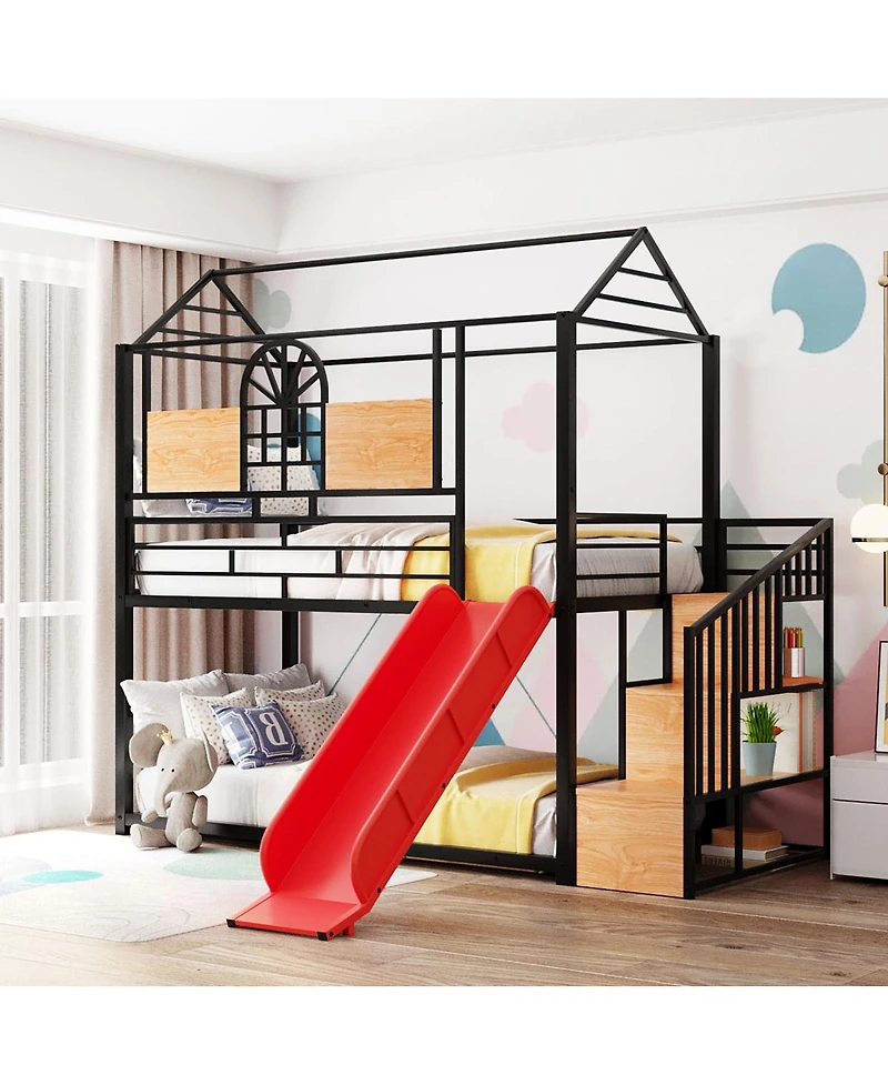 Streamdale Furniture Twin Over Twin Metal House Bunk Bed with Slide and Storage Stairs