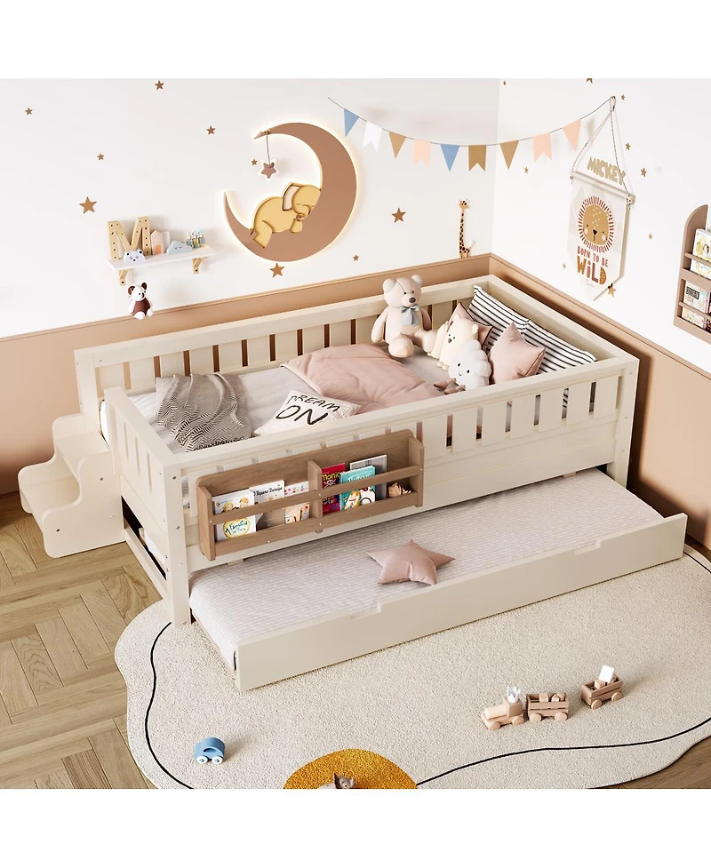 Streamdale Furniture Twin Bed with Bookshelves Staircase Safety Rails and Trundle