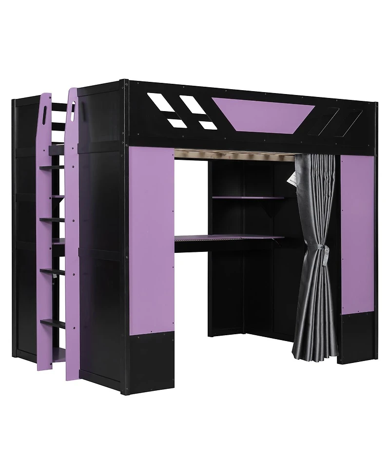 Streamdale Furniture Full Size Wood Loft Bed with Shelves Curtains and Rgb Lights