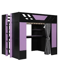 Streamdale Furniture Full Size Wood Loft Bed with Shelves Curtains and Rgb Lights