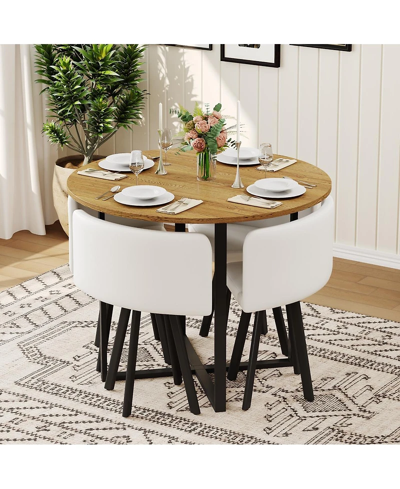 Streamdale Furniture 5-Piece Round Dining Table Set with Pu Leather Chairs