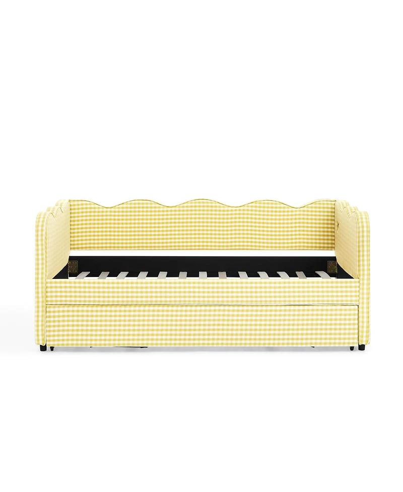 Streamdale Furniture Cozy Gingham Twin Daybed with Trundle Usb Port and Wave-Shaped Backrest