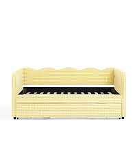 Streamdale Furniture Cozy Gingham Twin Daybed with Trundle Usb Port and Wave-Shaped Backrest