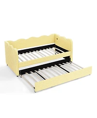 Streamdale Furniture Cozy Gingham Twin Daybed with Trundle Usb Port and Wave-Shaped Backrest
