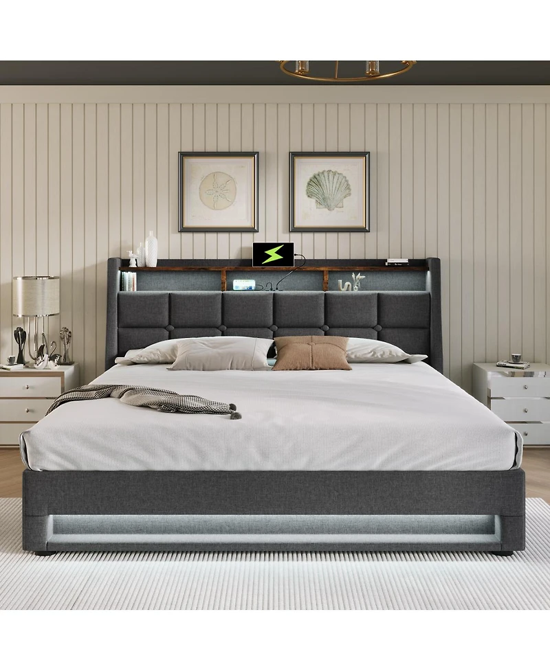 Streamdale Furniture Full Size Upholstered Hydraulic Storage Bed with Led and Charging Station