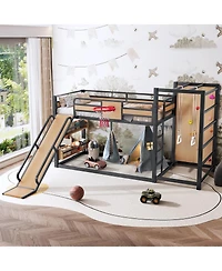 Streamdale Furniture Metal Loft Bed with Basketball Hoop Climbing Wall Slide and Bookshelves