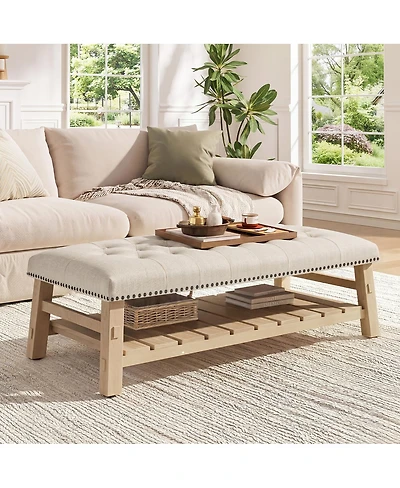 Streamdale Furniture 48'' Tufted Rectangle Ottoman Coffee Table with Storage Shelf and Nailhead Trim