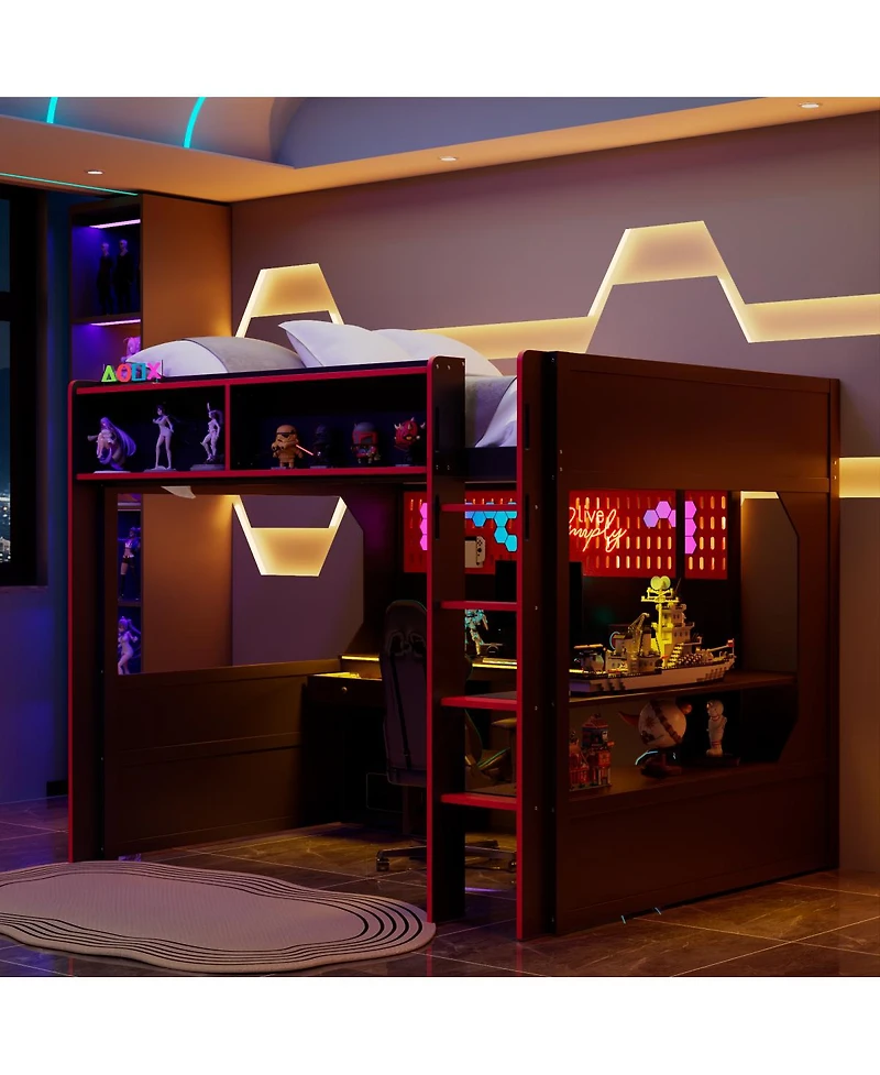 Streamdale Furniture Full Size Gaming Loft Bed with Desk Lights and Charging Station