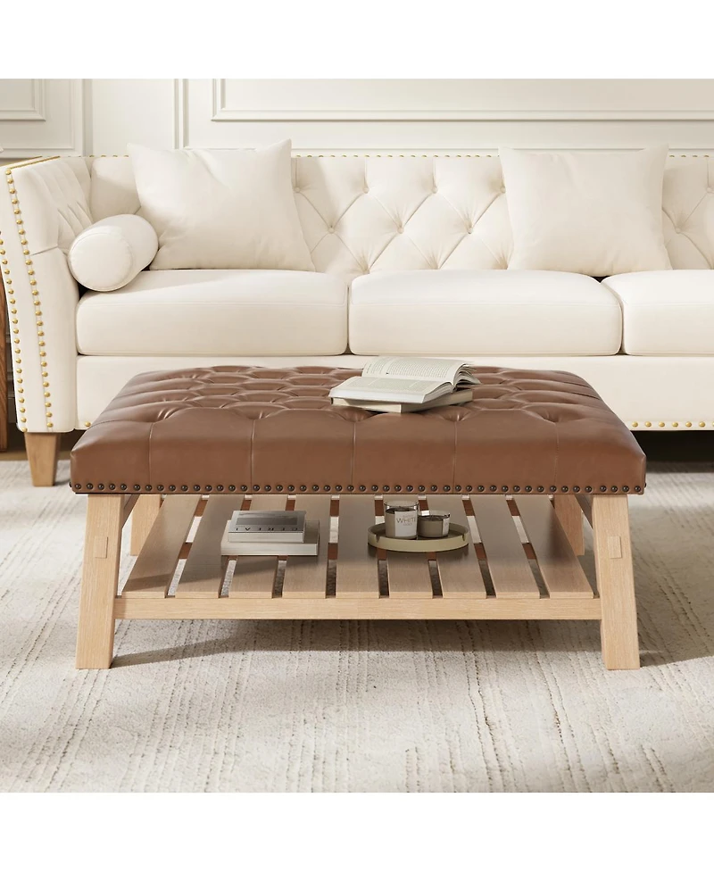 Streamdale Furniture 41.5'' Tufted Square Ottoman Coffee Table with Storage Shelf and Nailhead Trim