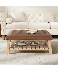 Streamdale Furniture 41.5'' Tufted Square Ottoman Coffee Table with Storage Shelf and Nailhead Trim