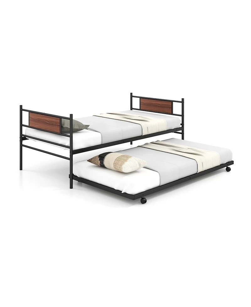 Gouun Twin Size Metal Daybed with Trundle and Wood Grain Headboard