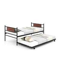 Gouun Twin Size Metal Daybed with Trundle and Wood Grain Headboard