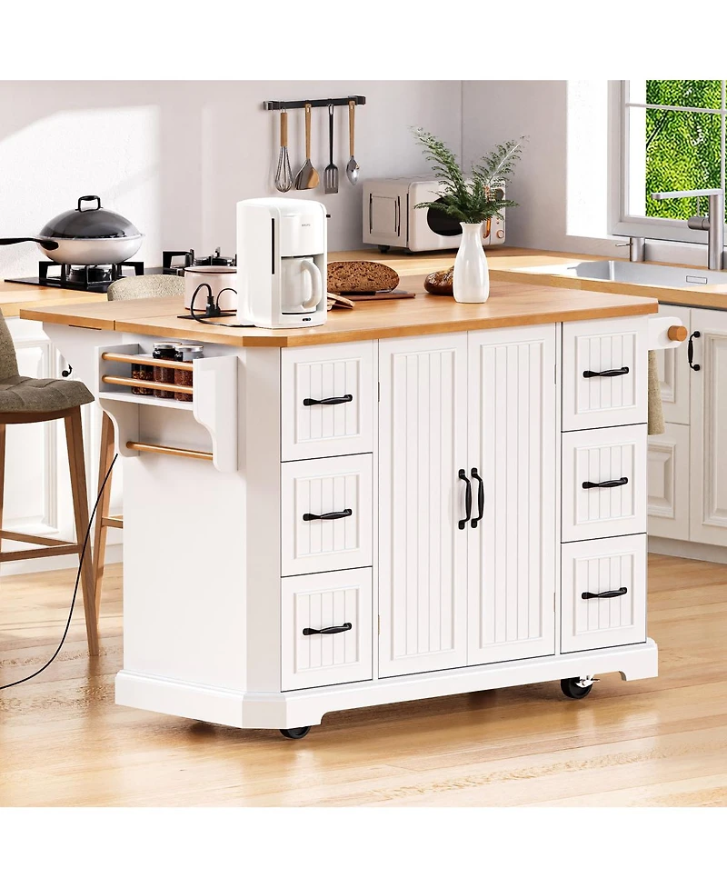 Streamdale Furniture 56'' Rolling Kitchen Island with Drop Leaf Power Outlet and 6 Drawers