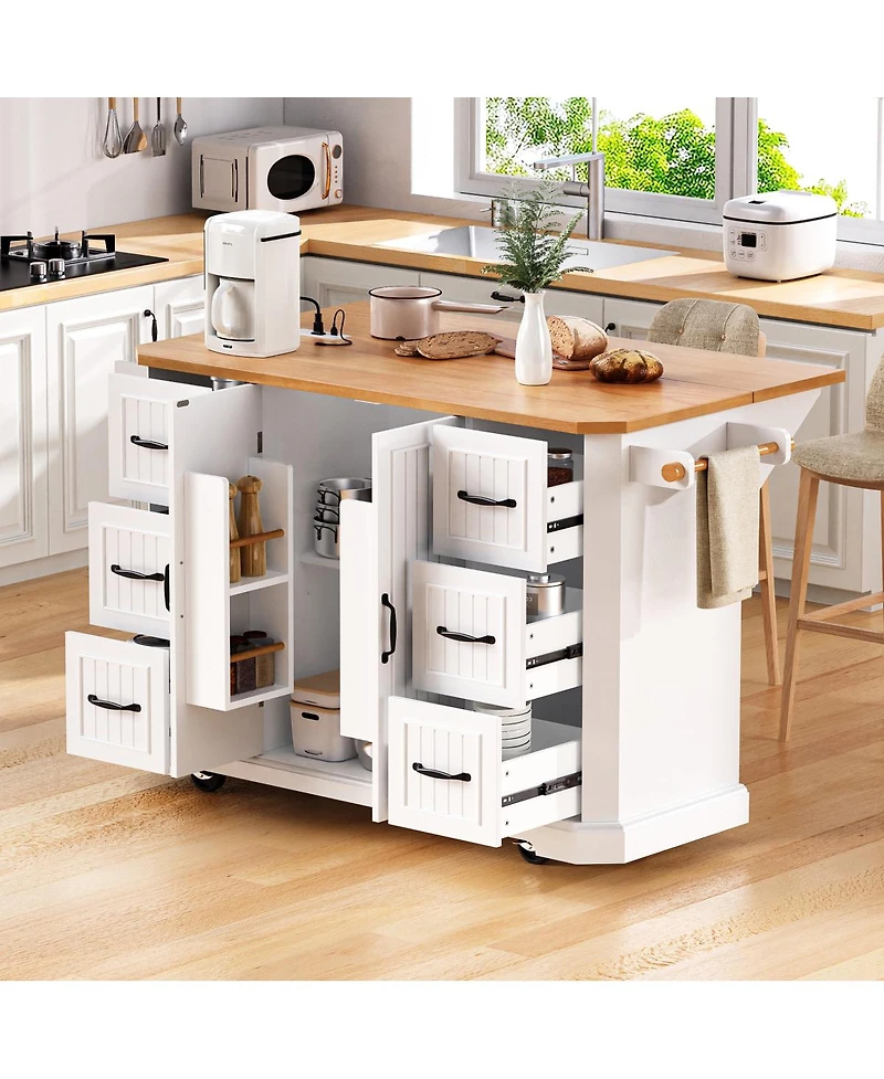 Streamdale Furniture 56'' Rolling Kitchen Island with Drop Leaf Power Outlet and 6 Drawers