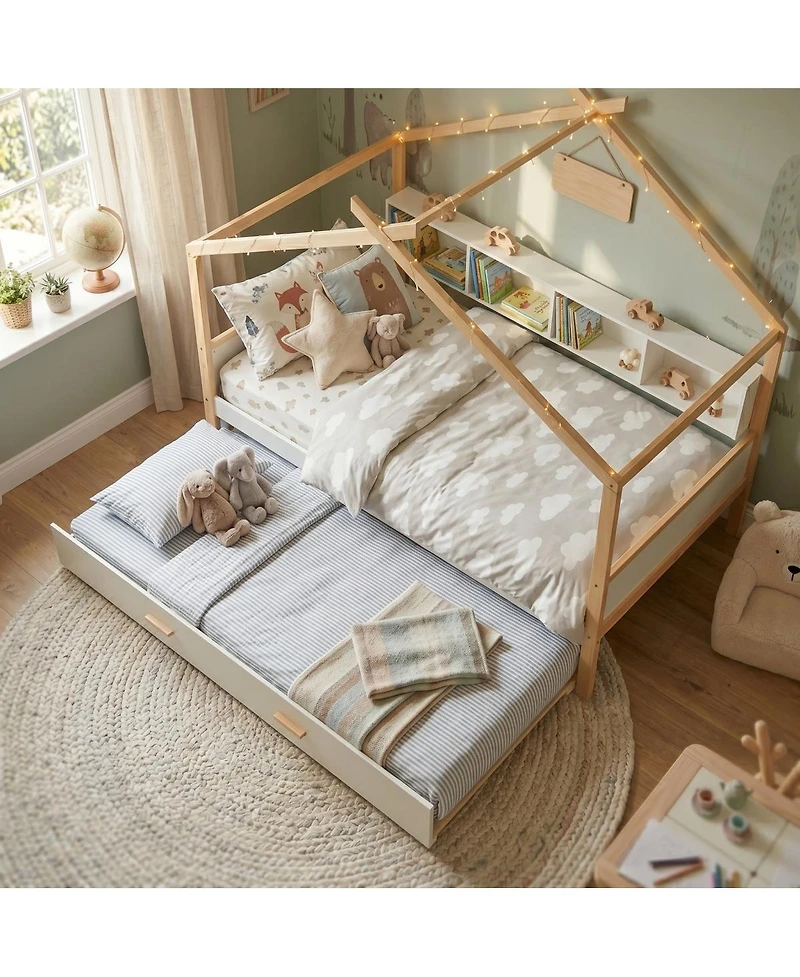 Streamdale Furniture Wooden House Bed with Trundle and Bookshelf Storage