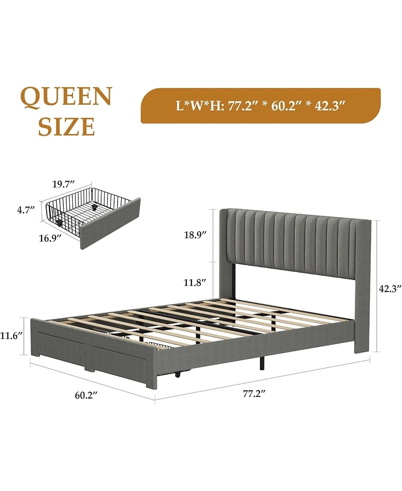 gaomon Queen Size Bed Frame, Bed Frame Upholstered Platform Bed with Velvet Headboard, Wing Edge Design, 2 Storage Drawers
