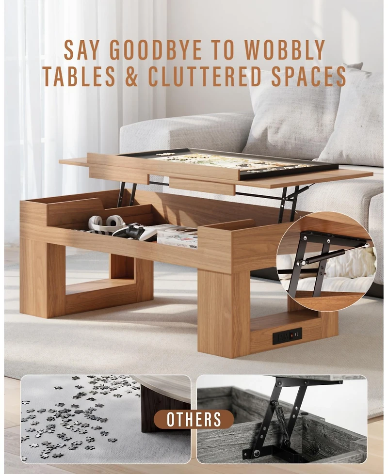 Sugift Lift Top Coffee Table with Puzzle Tray, Modern Wood Center Table with Hidden Storage and Charging Station for Living Room