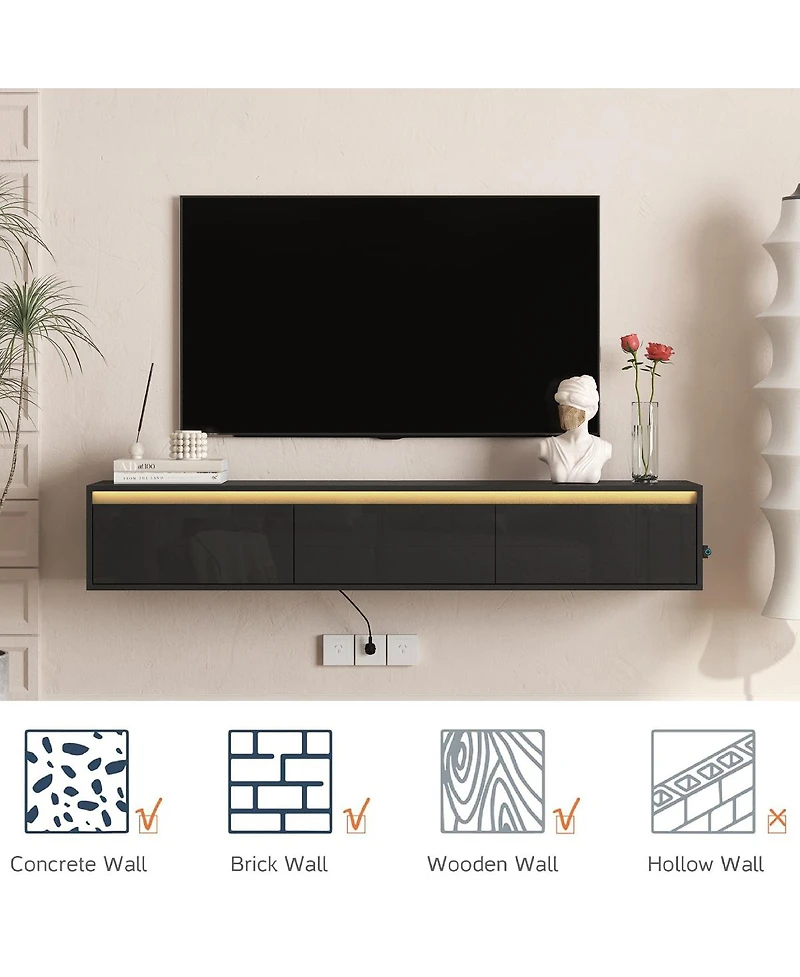 Streamdale Furniture High-Gloss Wall-Mounted Tv Cabinet with Led Lights and Power Outlet