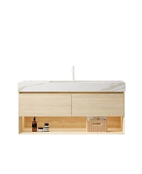 Sillysis 48 Inch Wall Mounted Bathroom Vanity with Sintered Stone Top, Double Soft Close Drawers, Ceramic Sink, Led Shelf for Modern Spaces