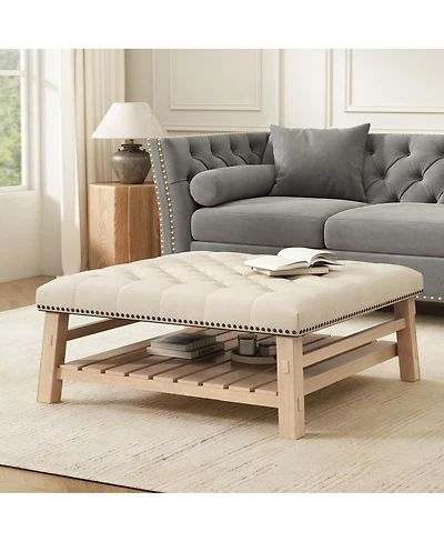 Streamdale Furniture 41.5'' Tufted Square Ottoman Coffee Table with Storage Shelf and Nailhead Trim