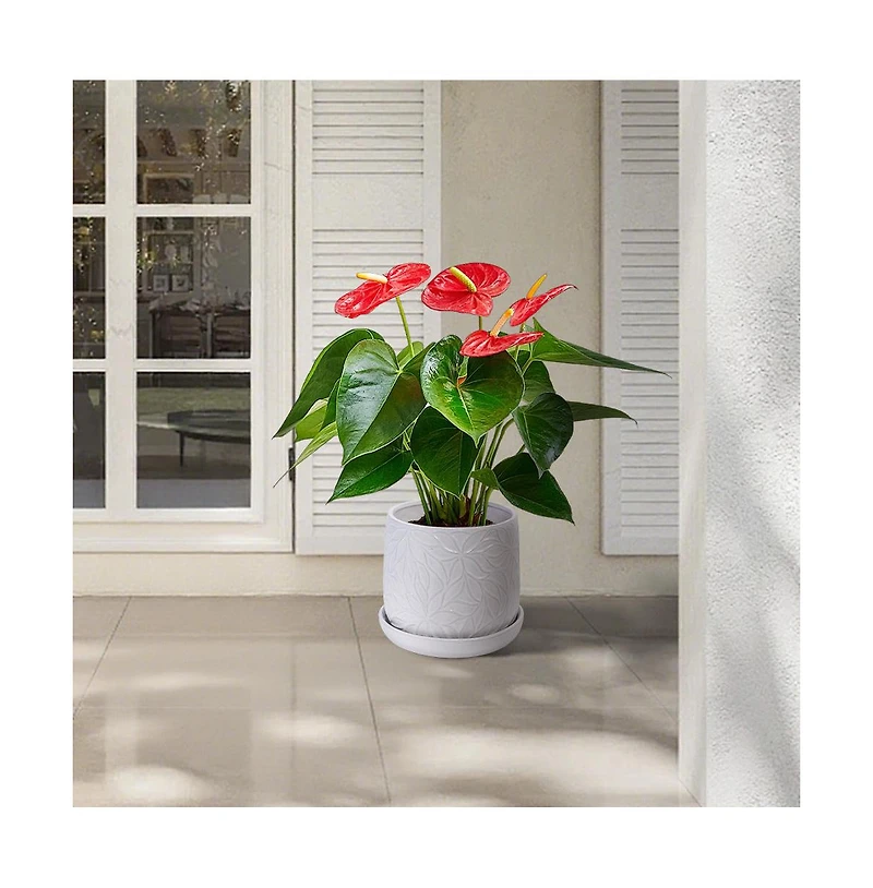 Clihome Leaf Pattern Design Handmade Glossy Ceramic Planter Set of 2
