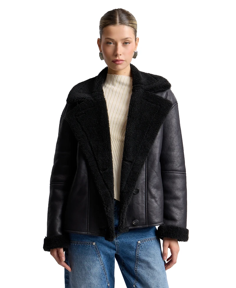 Avec Les Filles Women's Collared Faux Shearling Coat
