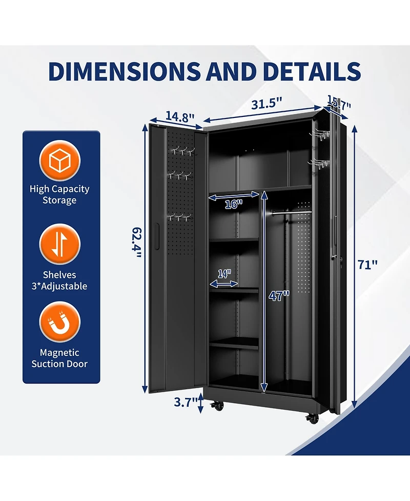 Viyet 71-Inch Metal Storage Cabinet - Heavy-Duty Mobile Steel Wardrobe with Hanging Rod