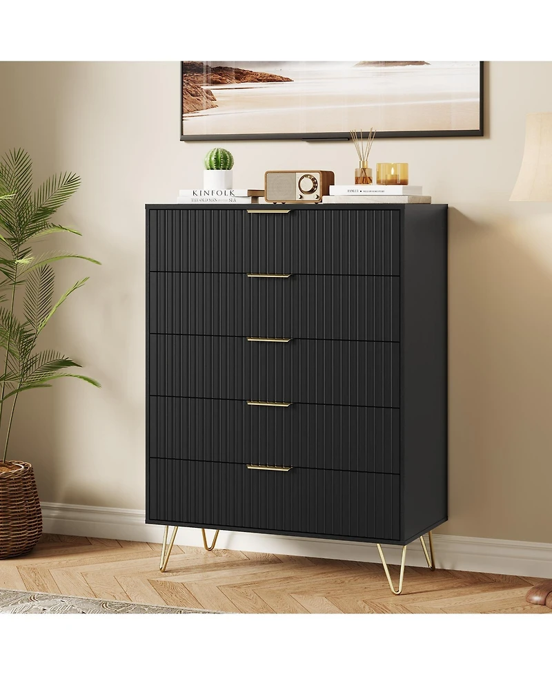 homfan Fluted 5 Drawer Dresser with Metal Handles for Bedroom, Living Room, Hallway, and Closet Storage