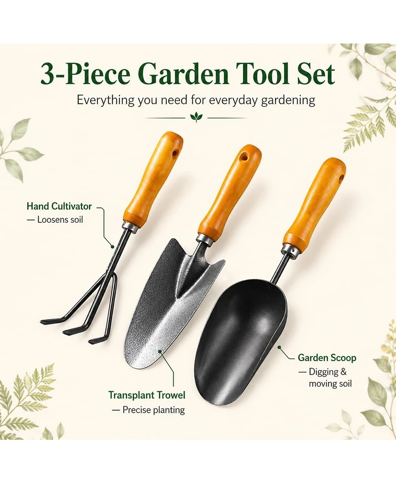 Xdovet 3-in-1 Garden Hand Tools Set Carbon Steel Wooden Handle Trowel Transplanter Cultivator Gifts