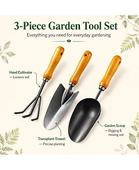 Xdovet 3-in-1 Garden Hand Tools Set Carbon Steel Wooden Handle Trowel Transplanter Cultivator Gifts