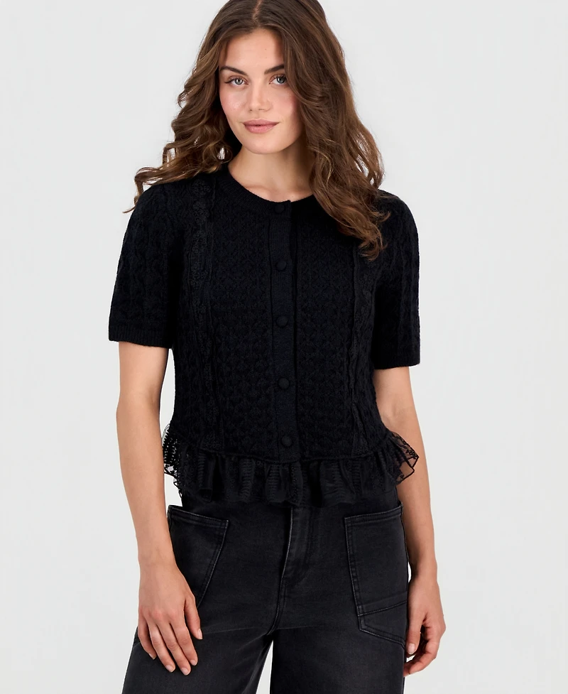 And Now This Petite Pointelle Short-Sleeve Button-Front Cardigan, Macy's Exclusive