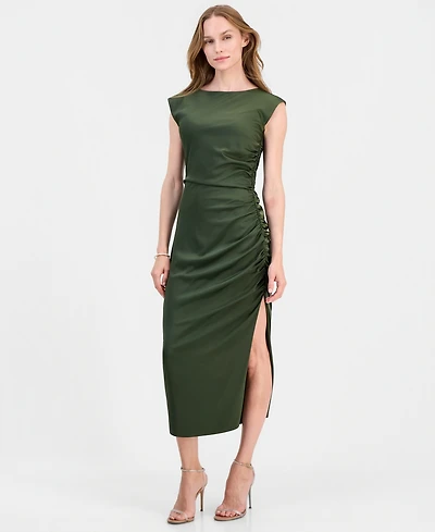 Lulus Women's Felicity Ruched Satin Side Slit Midi Dress
