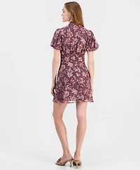 Lulus Women's Jonni Puff-Sleeve Floral-Print Tie-Front Mini Dress