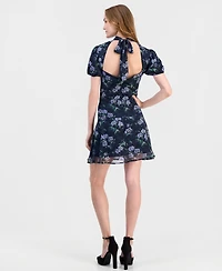 Lulus Juniors' Floral-Print Puff-Sleeve A-Line Lark Tie Back Mini Dress