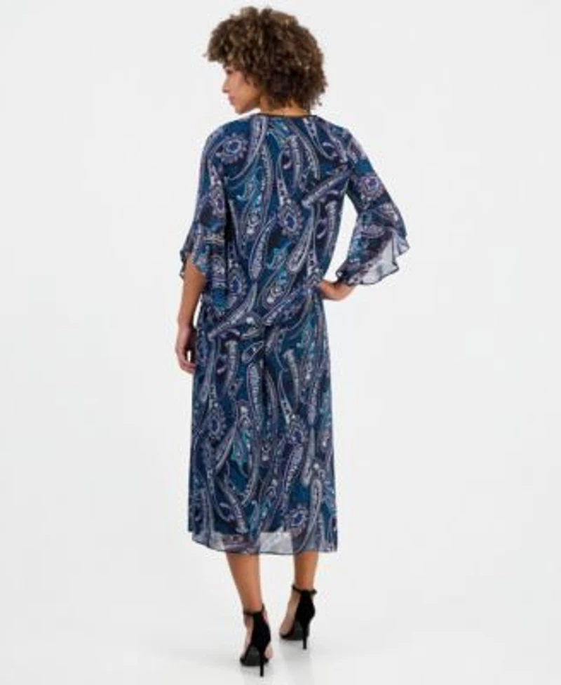 Kasper Womens Printed V Neck Ruffle Sleeve Blouse Pleated Pull On Midi Skirt