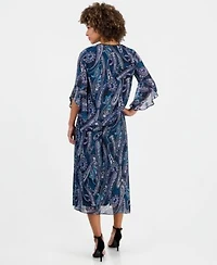 Kasper Womens Printed V Neck Ruffle Sleeve Blouse Pleated Pull On Midi Skirt