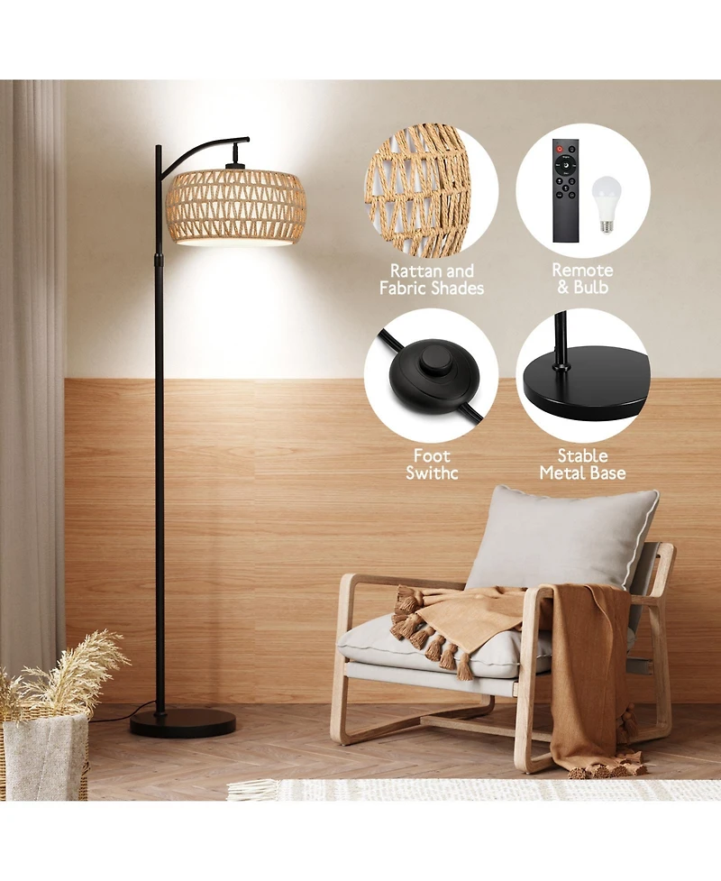 Sugift Dimmable Boho Floor Lamp with Rattan & Linen Drum Shade – Remote & Footswitch Control