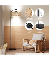 Sugift Dimmable Boho Floor Lamp with Rattan & Linen Drum Shade – Remote & Footswitch Control