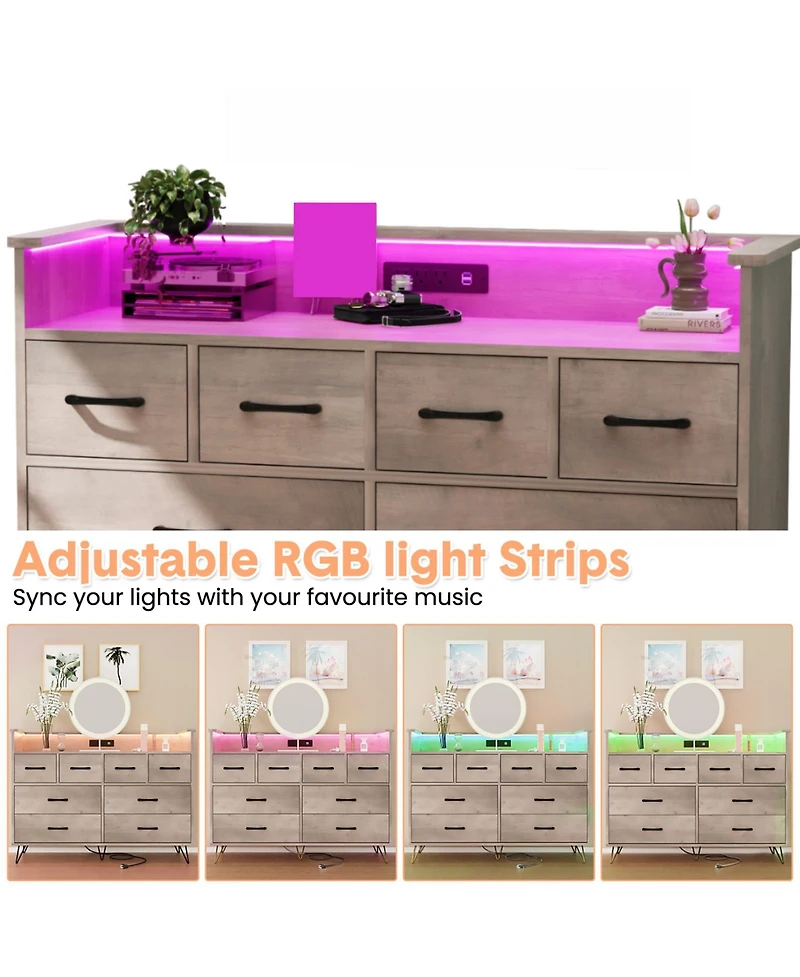 homfan 8-Drawer Dresser with Built-In Charging Station and Led Lights, Sturdy Engineered Wood Storage Organizer Metal Legs, Easy Assembly