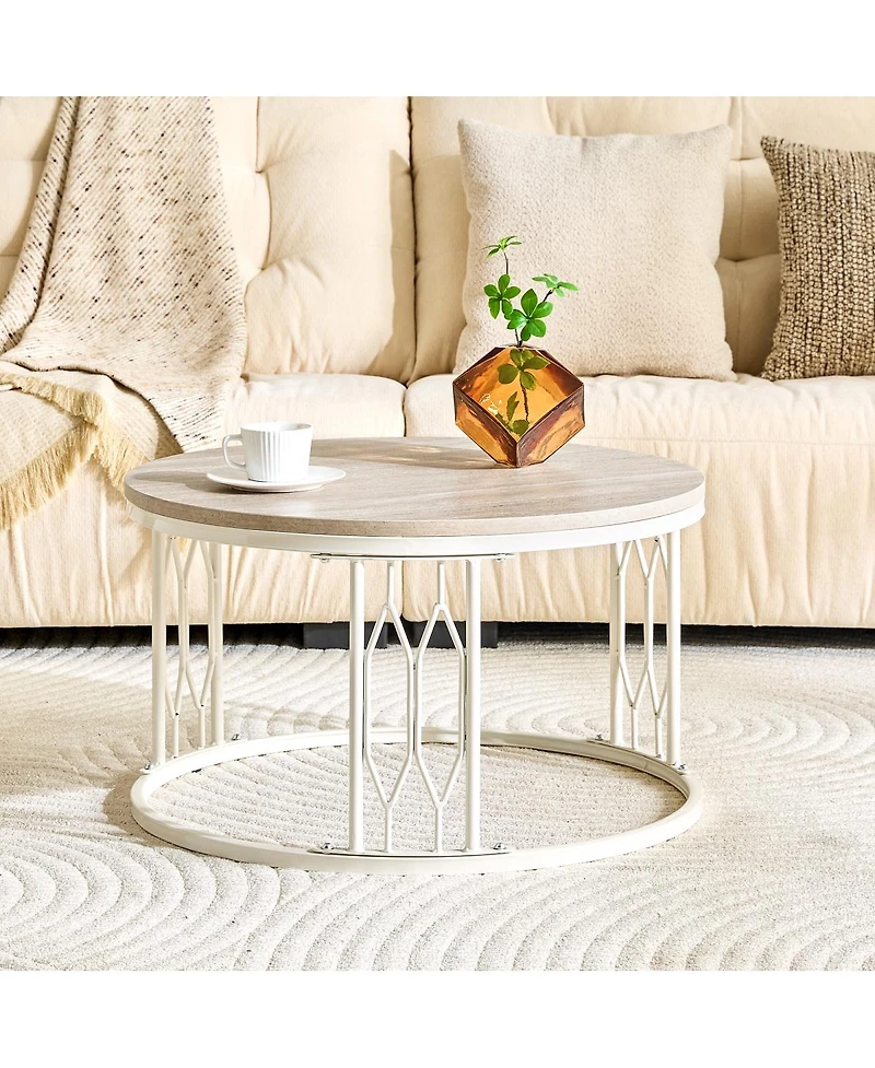 Streamdale Furniture 27.5'' Round Stone-Effect Mdf Coffee Table with Metal Legs