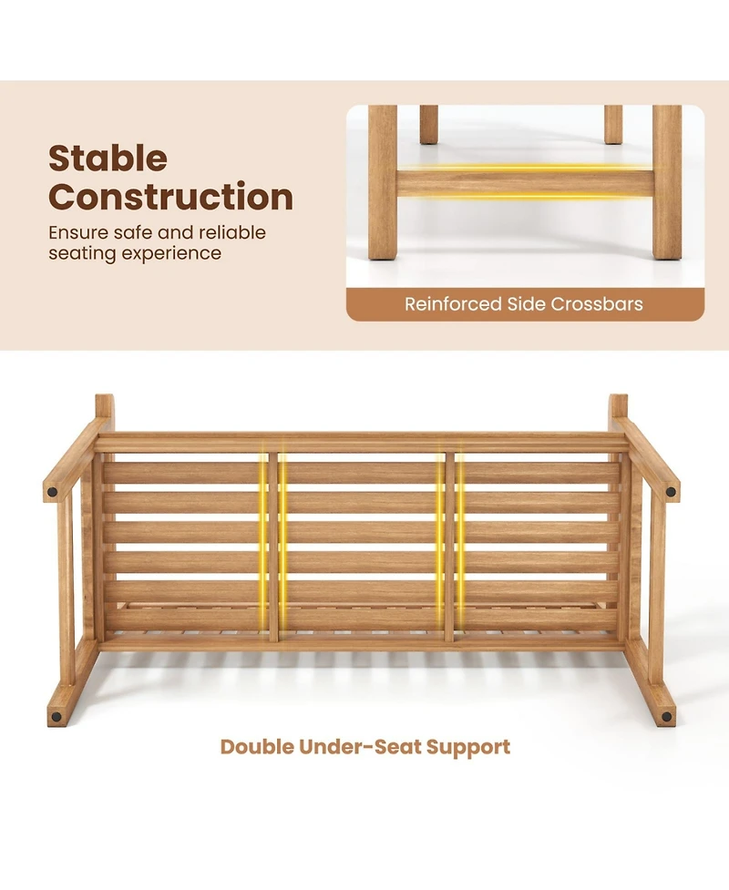 Sugift Teak Wood Outdoor 3-Seat Porch Bench with Curved Armrests and Slatted Backrest
