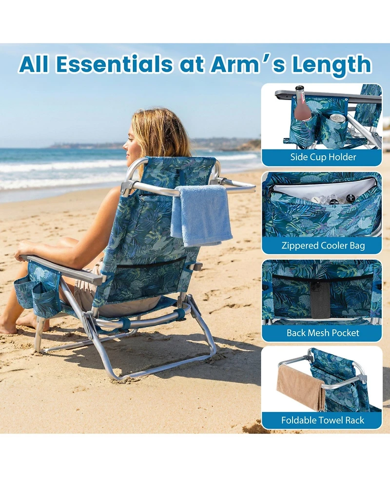 Sugift Set of 2 Portable Folding Beach Backpack Chairs with 5-Position Reclining Backrest