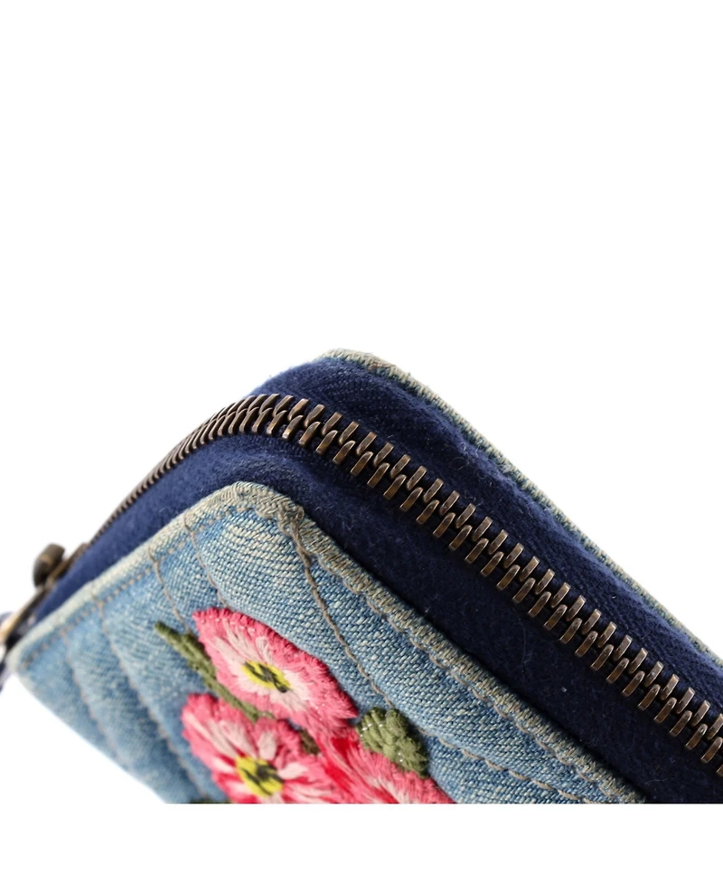 Pre-Owned Gucci Gg Marmont Zip Around Wallet Embroidered Matelasse Denim