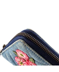 Pre-Owned Gucci Gg Marmont Zip Around Wallet Embroidered Matelasse Denim