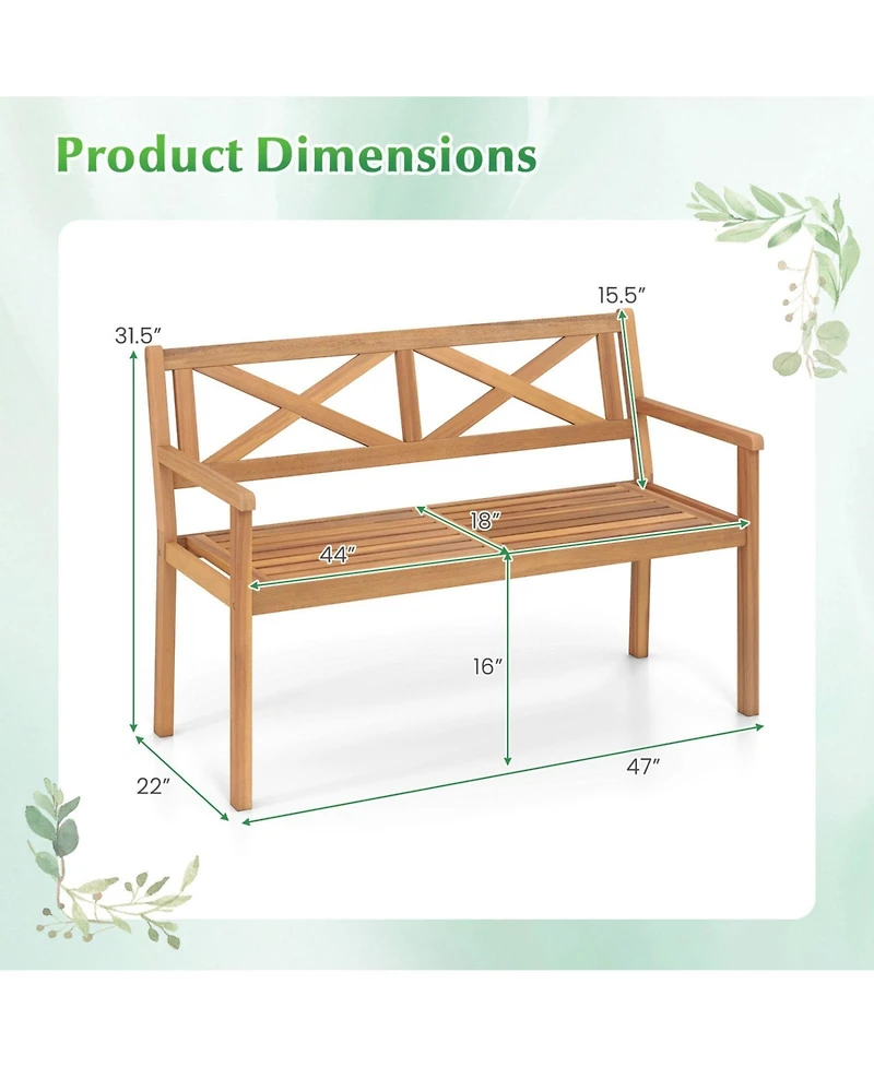 Sugift 2-Person Acacia Wood Garden Bench with Wide Armrests and Slatted Seat