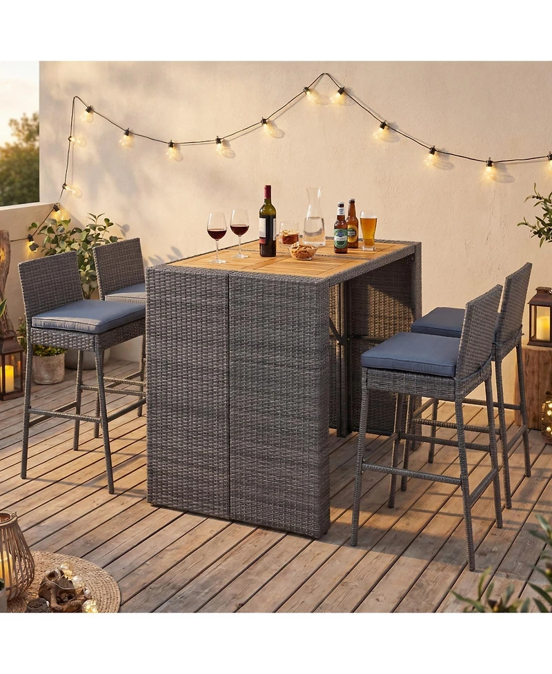 Sugift 5-Piece Patio Acacia Wood Bar Dining Set with 4 Pe Wicker Bar Stools