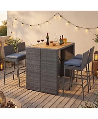 Sugift 5-Piece Patio Acacia Wood Bar Dining Set with 4 Pe Wicker Bar Stools
