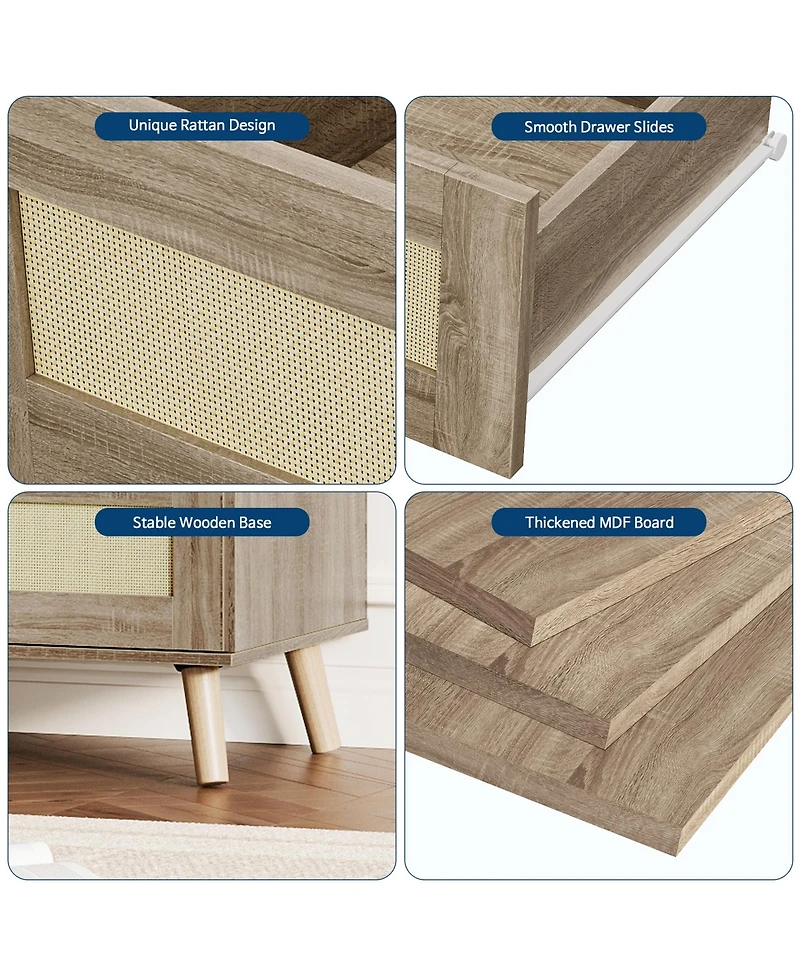 homfan Rattan Dresser with 8 Drawers and Wood Legs for Bedroom, Living Room, Hallway, Entryway